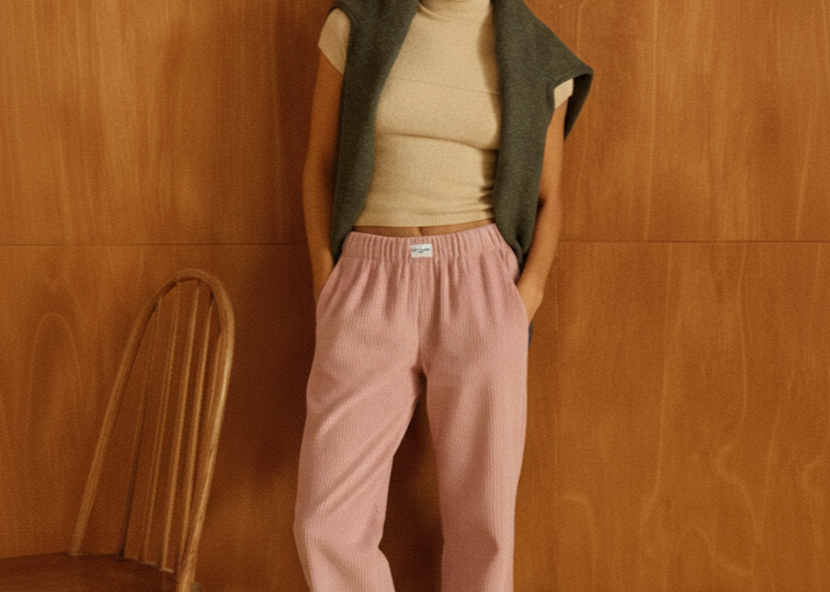 female model wearing pink speltham corduroy lounge pants
