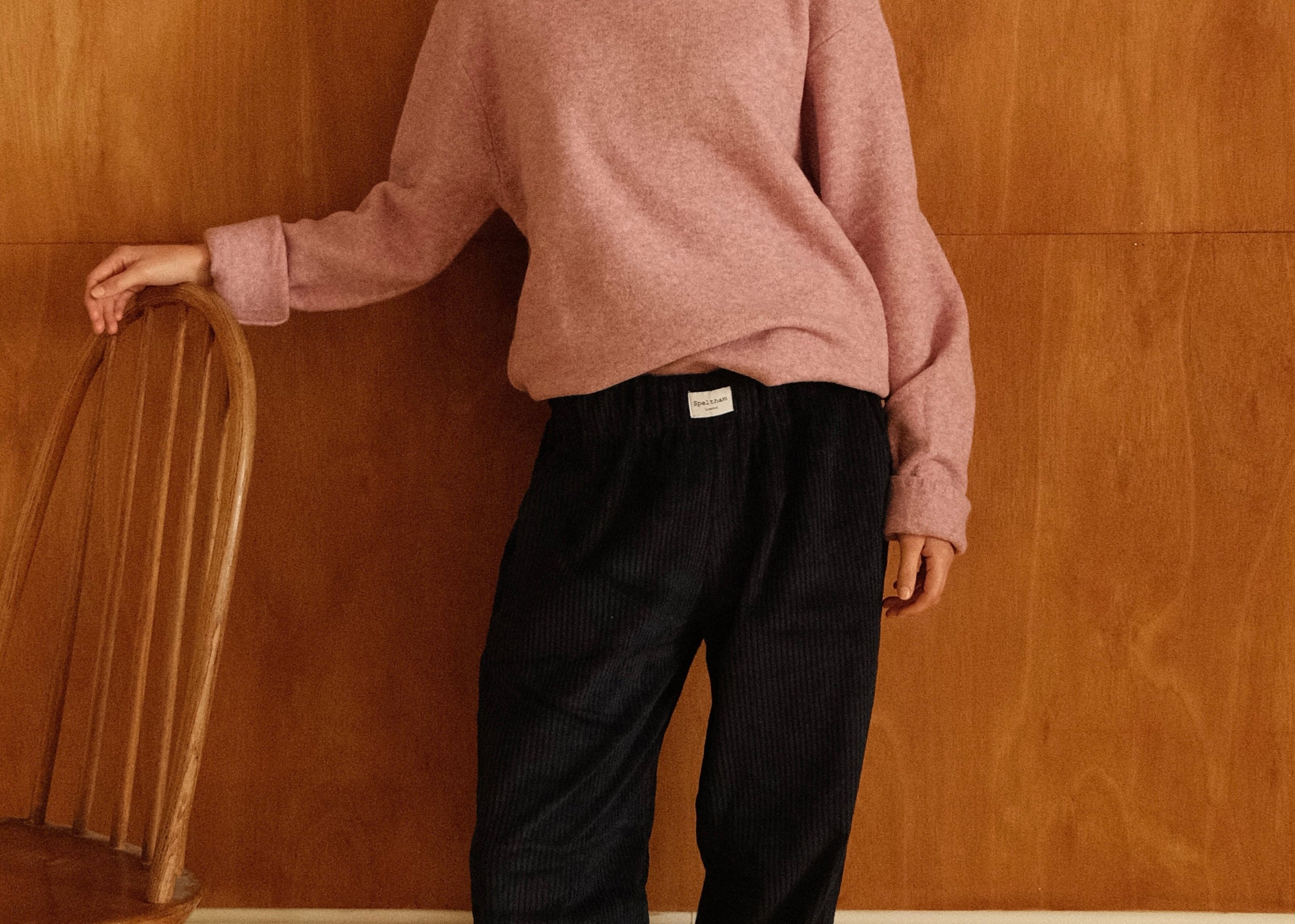 female model wearing navy speltham corduroy lounge trousers
