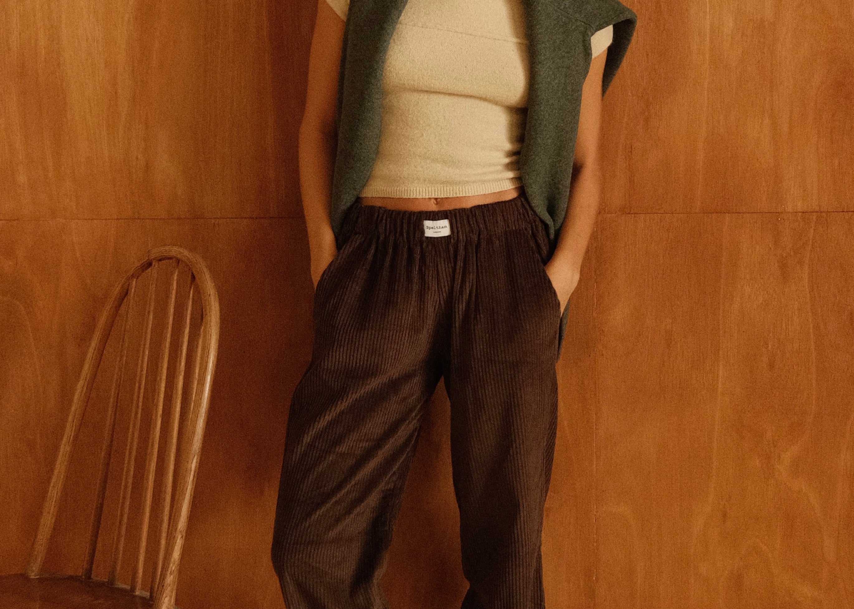 brown speltham corduroy lounge pants on female model