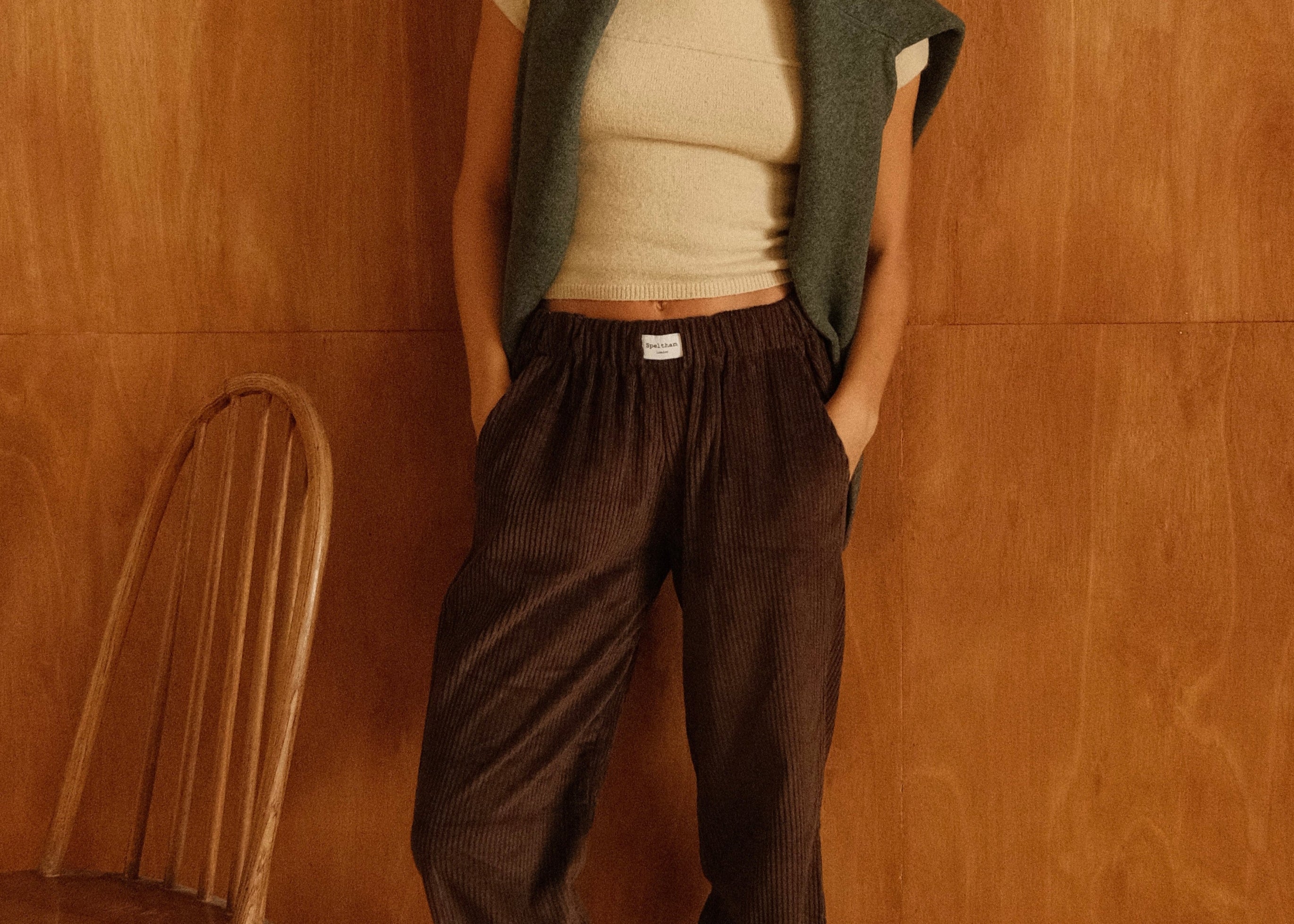 brown speltham corduroy lounge pants on female model