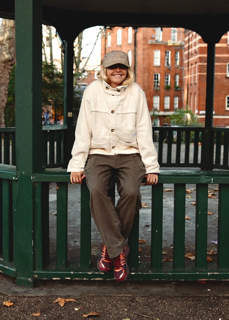 female model wearing cream speltham corduroy jacket