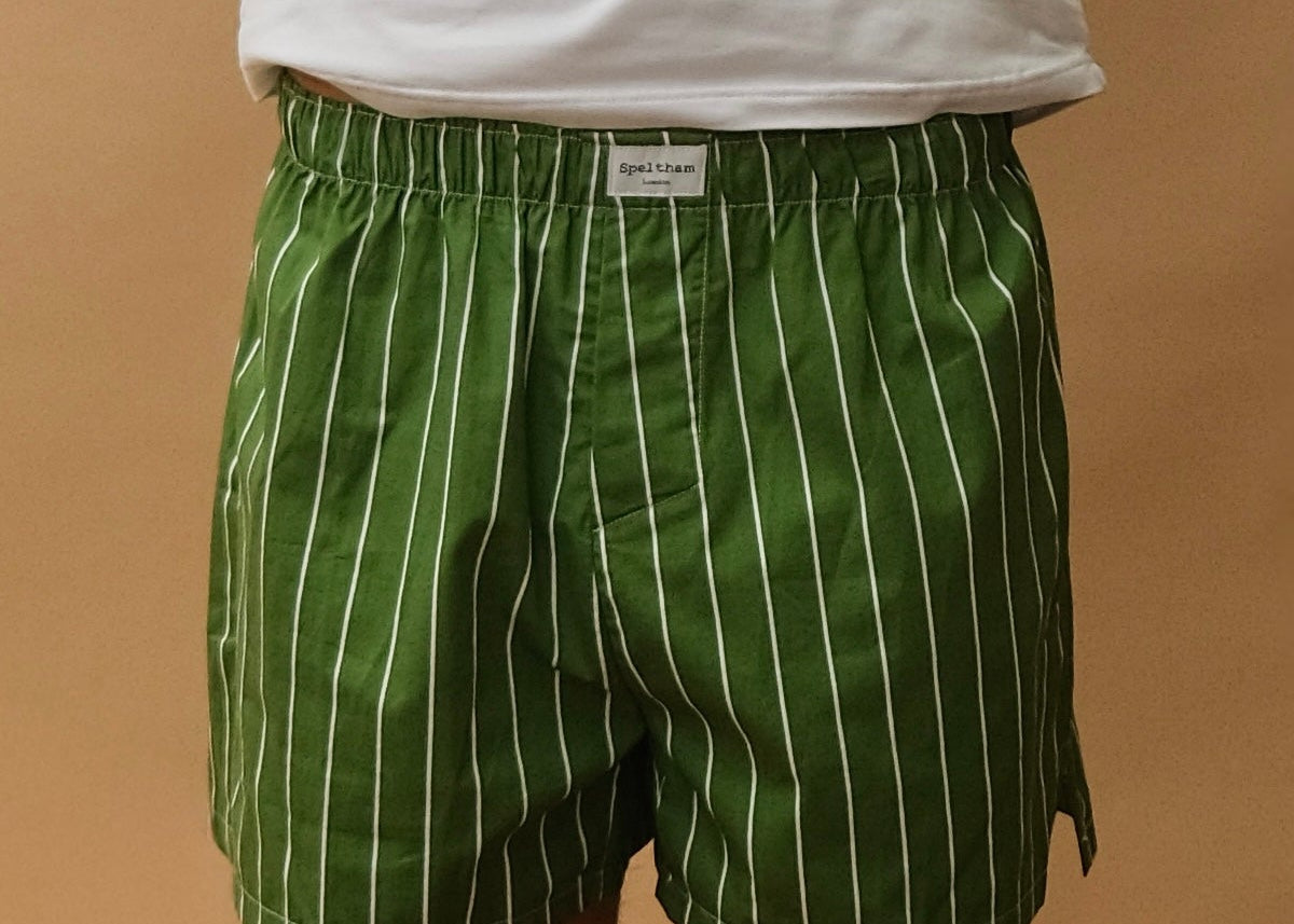 male model wearing speltham green inverted stripe boxers