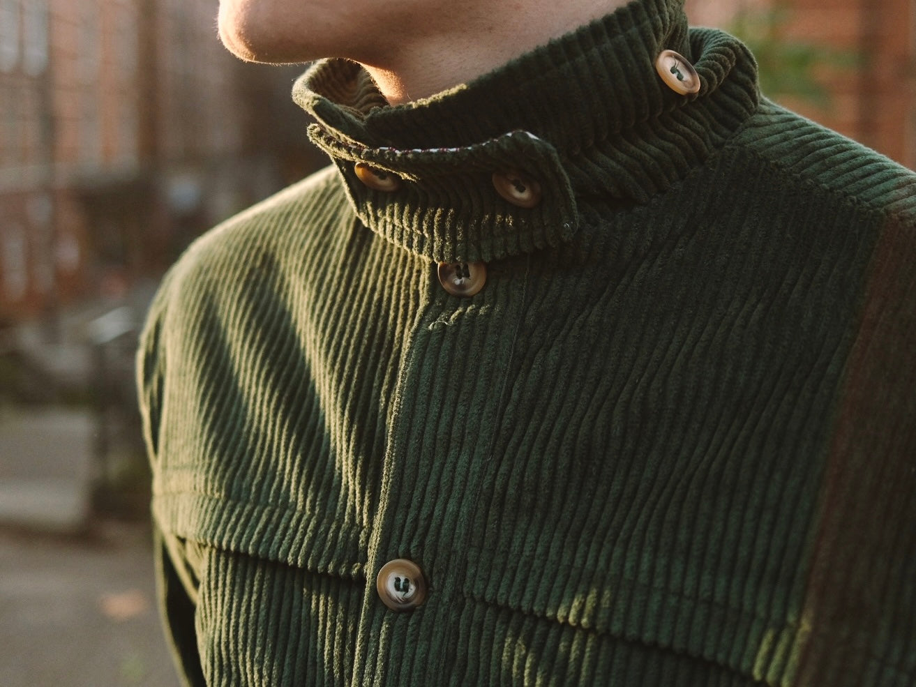 Close-up of the green corduroy jacket's high collar and horn-style button, worn outdoors