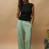 female model wearing jade seersucker speltham lounge pants