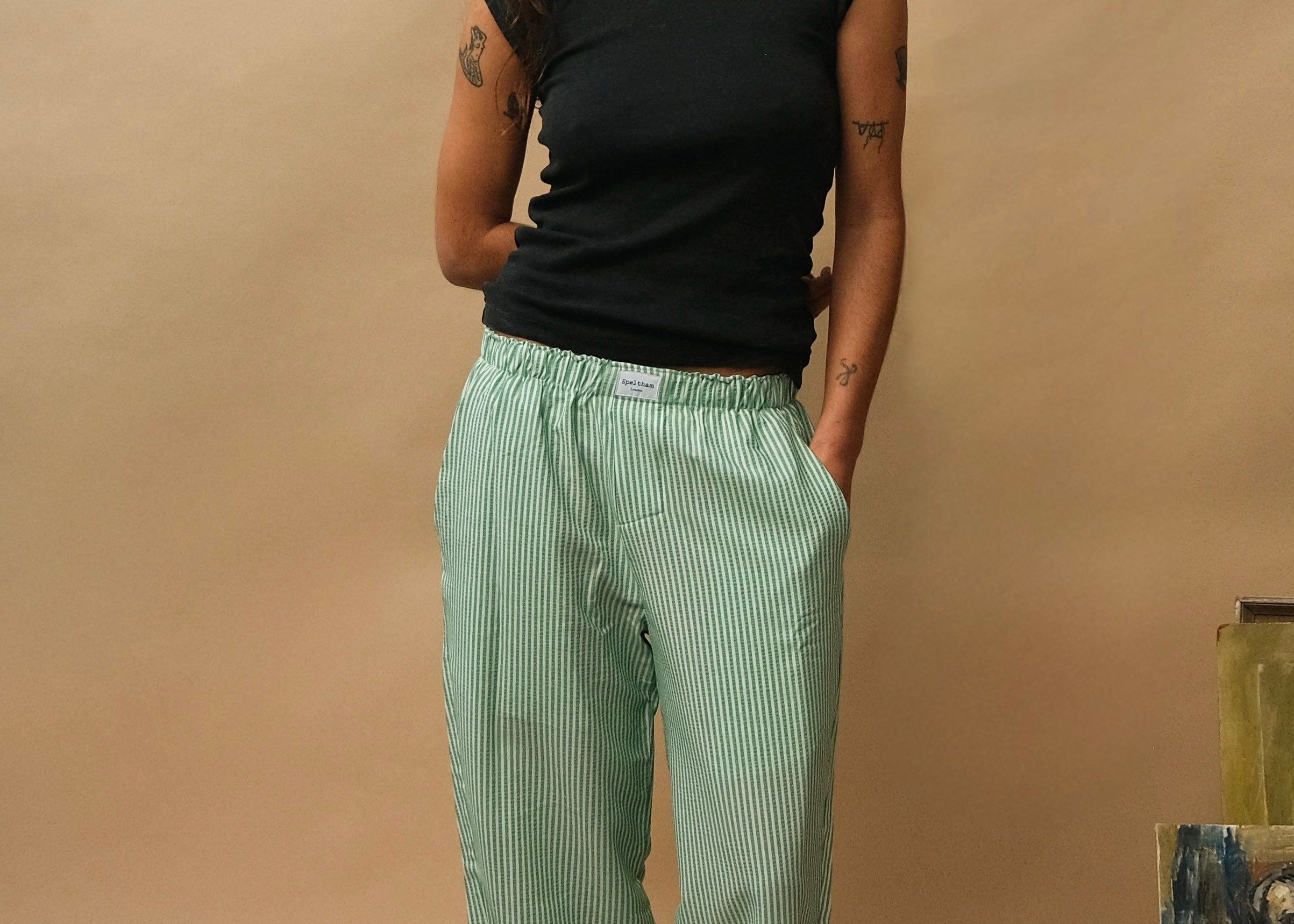 female model wearing jade seersucker speltham lounge pants