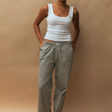 female model wearing navy speltham lounge pants