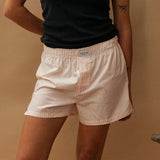 female model wearing pink striped speltham boxer shorts