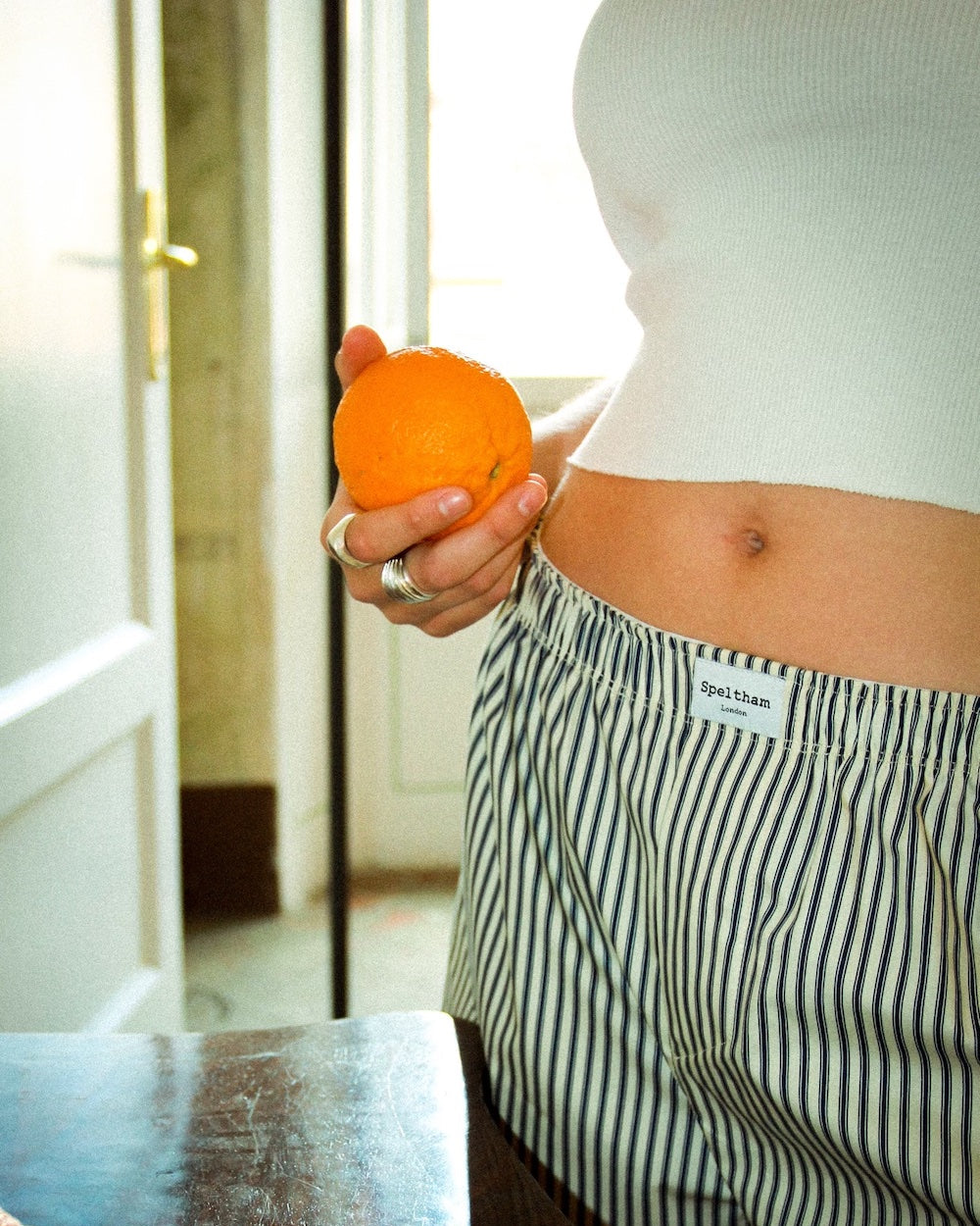 female model wearing navy speltham unisex boxer shorts